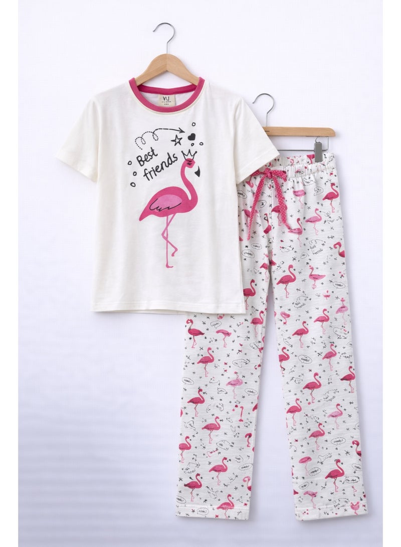 victor and jane Girls’ Pajama Set – Flamingo Graphic T-Shirt & Printed Pants - Image 4